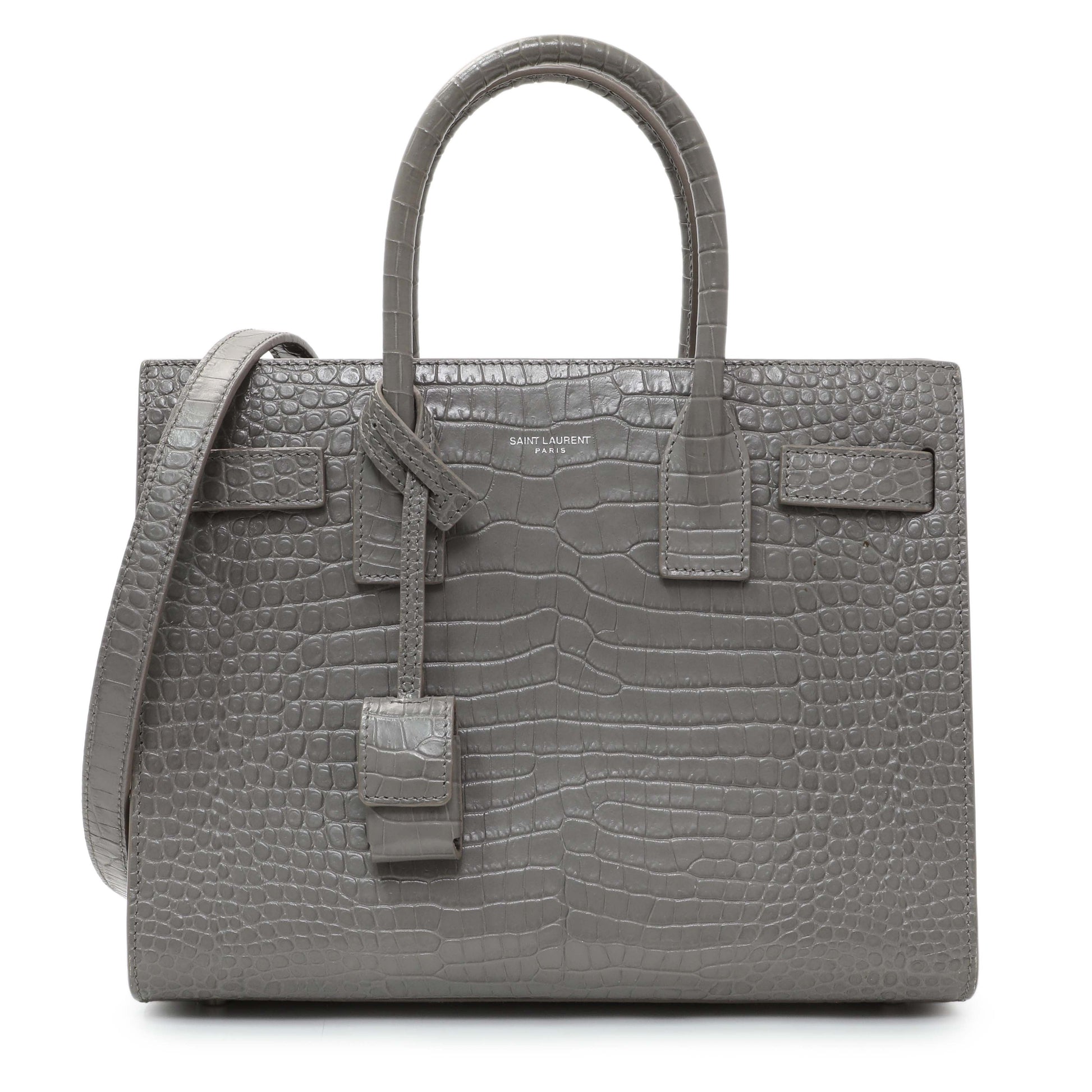 Exclusive Saint Laurent Grey Croc Embossed Baby Sac De Jour — Front View