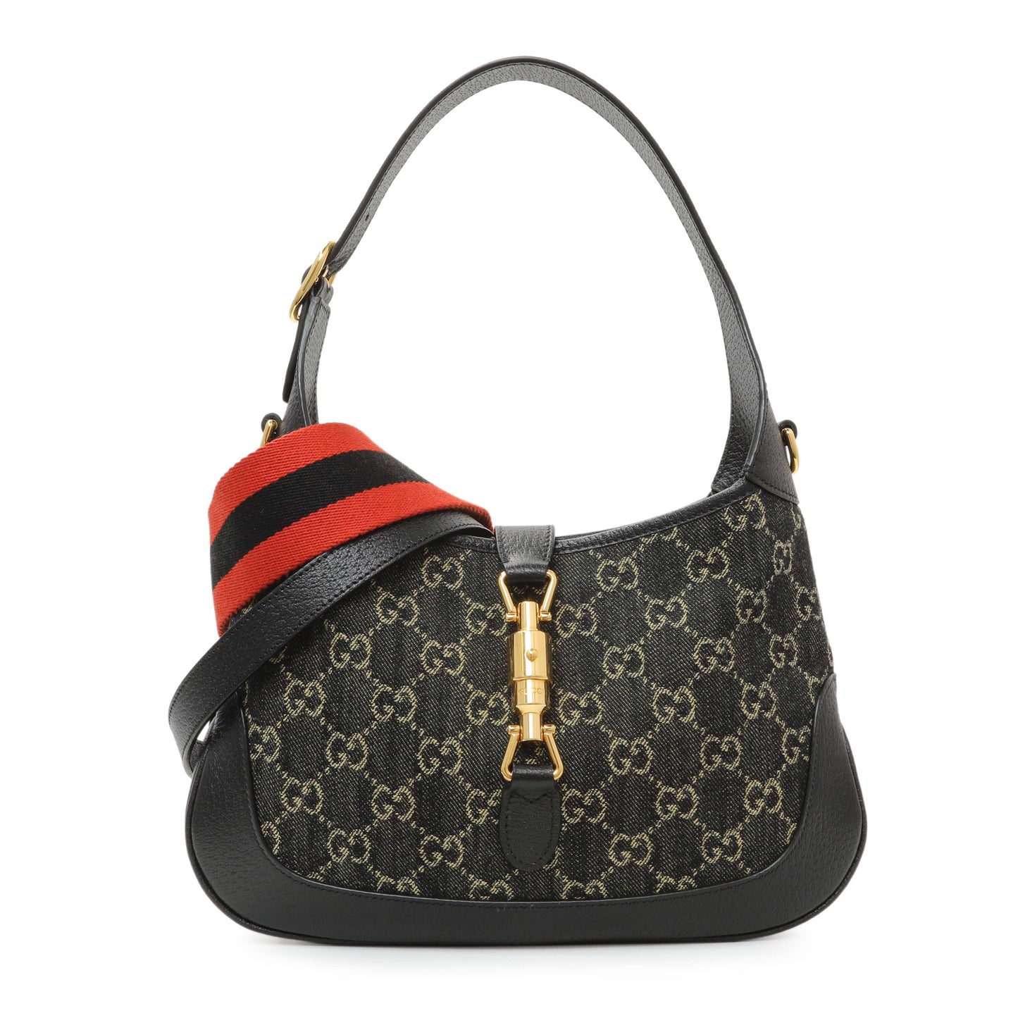 Exclusive Gucci Black Jacquard Denim GG Monogram Small Jackie 1961 Hobo — Front View