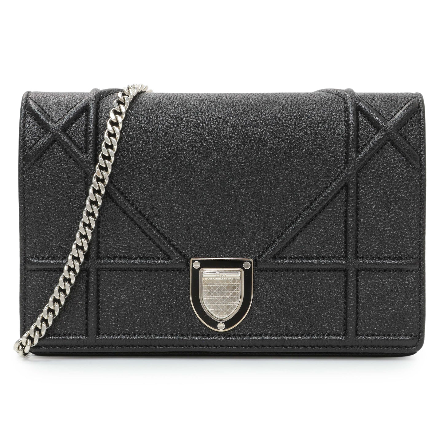 Exclusive Christian Dior Black Grained Calfskin Diorama Wallet on Chain — Front View