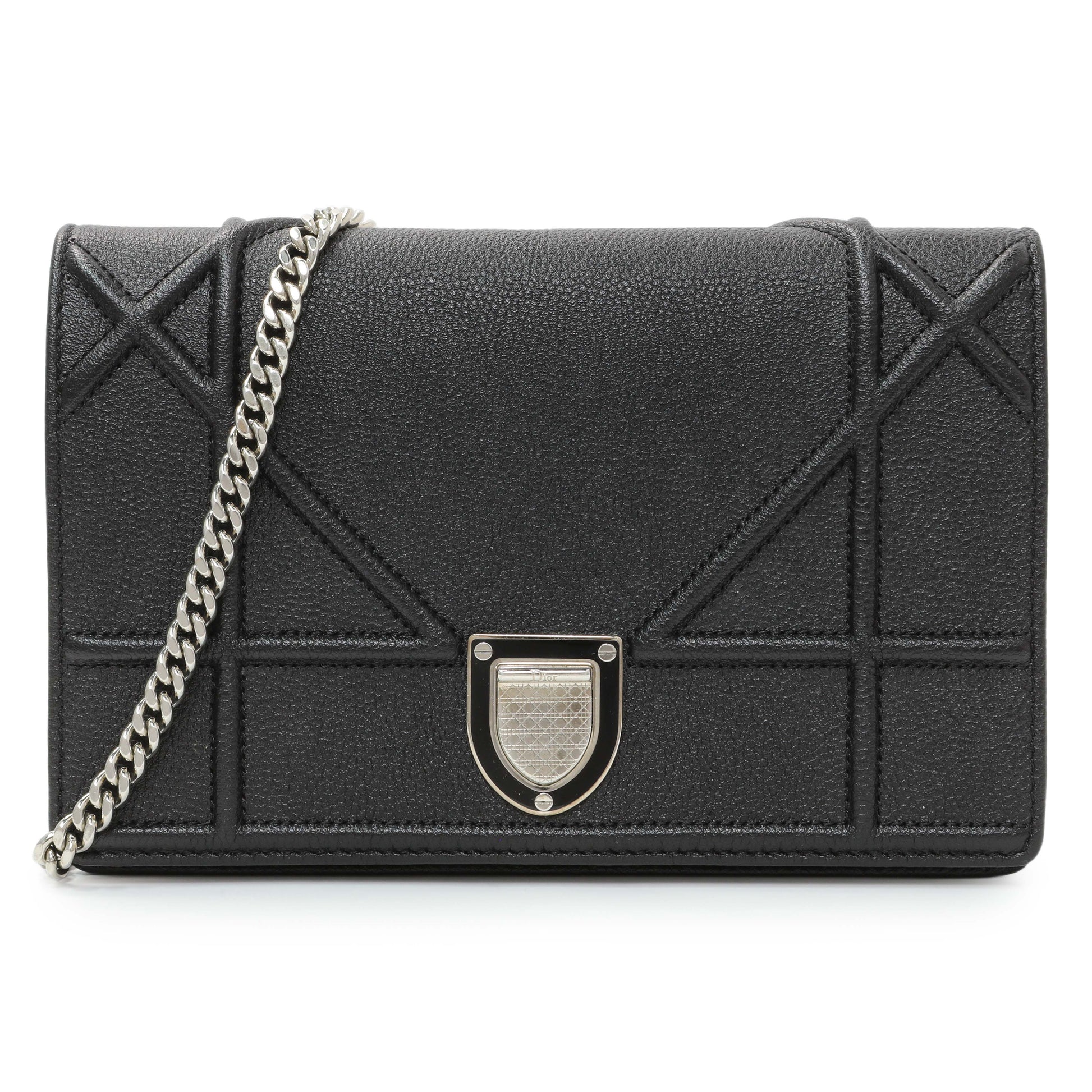 Exclusive Christian Dior Black Grained Calfskin Diorama Wallet on Chain — Front View
