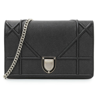 Exclusive Christian Dior Black Grained Calfskin Diorama Wallet on Chain — Front View