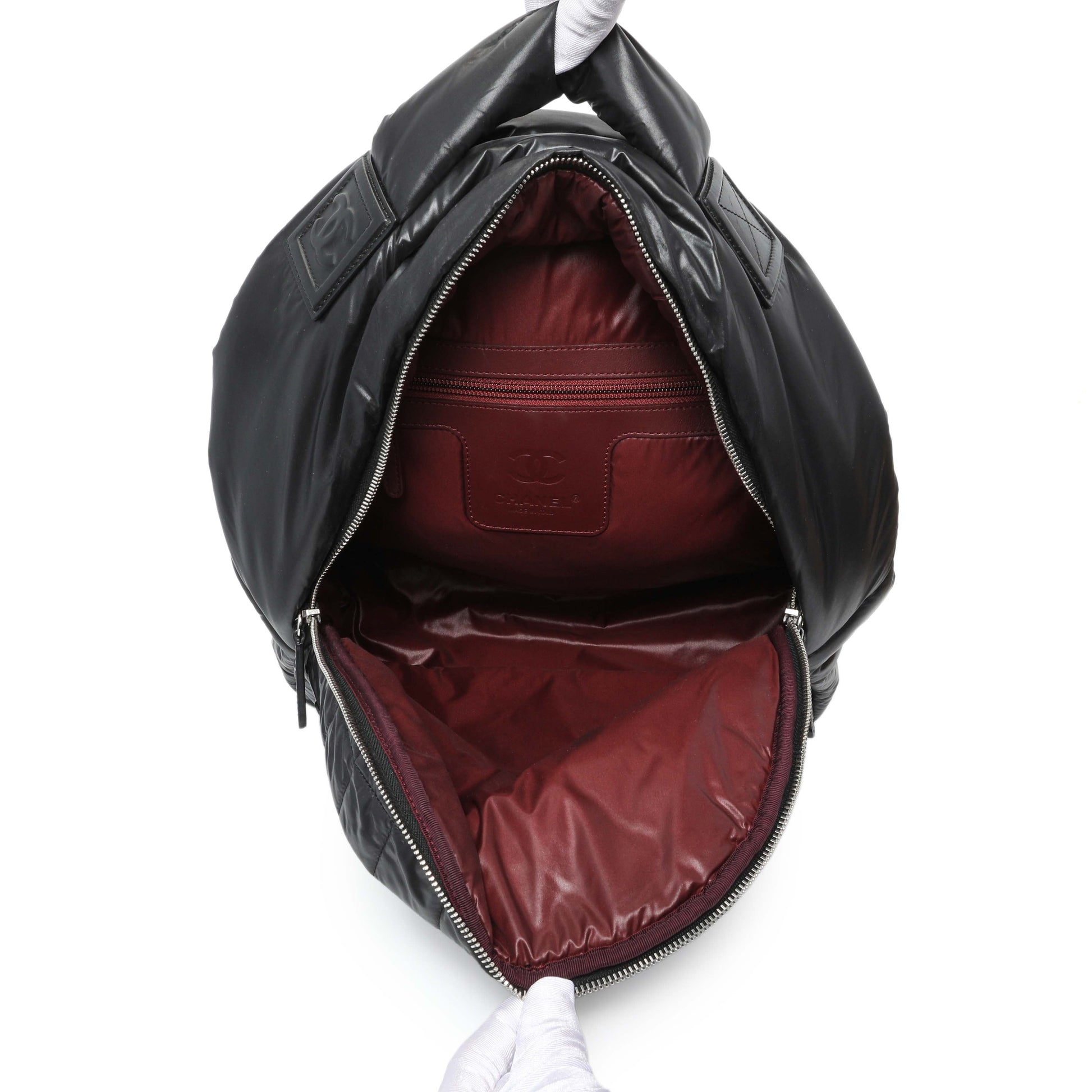 Exclusive Chanel Black Nylon Quilted Coco Cocoon Backpack — Top View