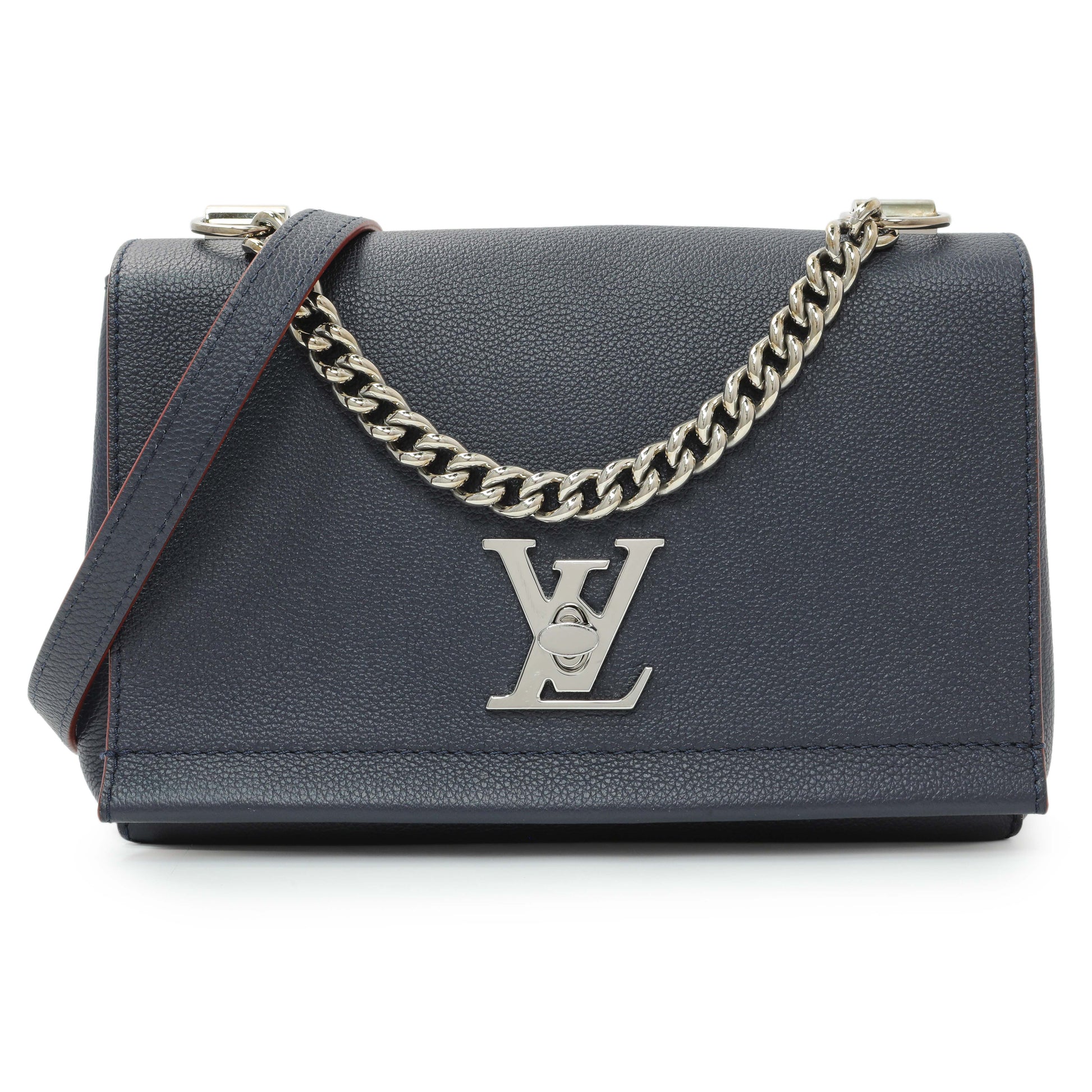 Exclusive Louis Vuitton Navy Calfskin Lockme II Chain Bag BB — Front View