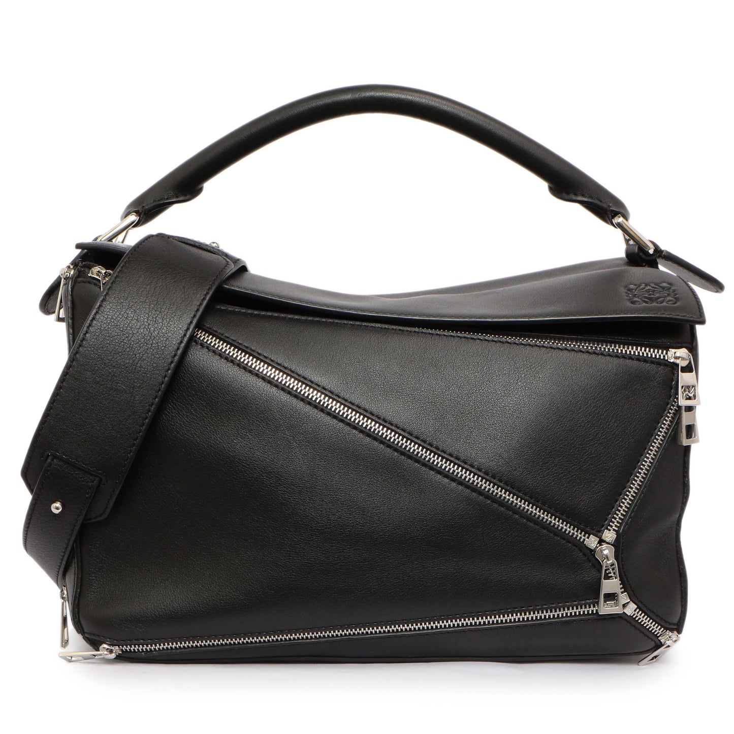 Exclusive Loewe Black Calfskin Medium Zipper Puzzle Bag — Front View