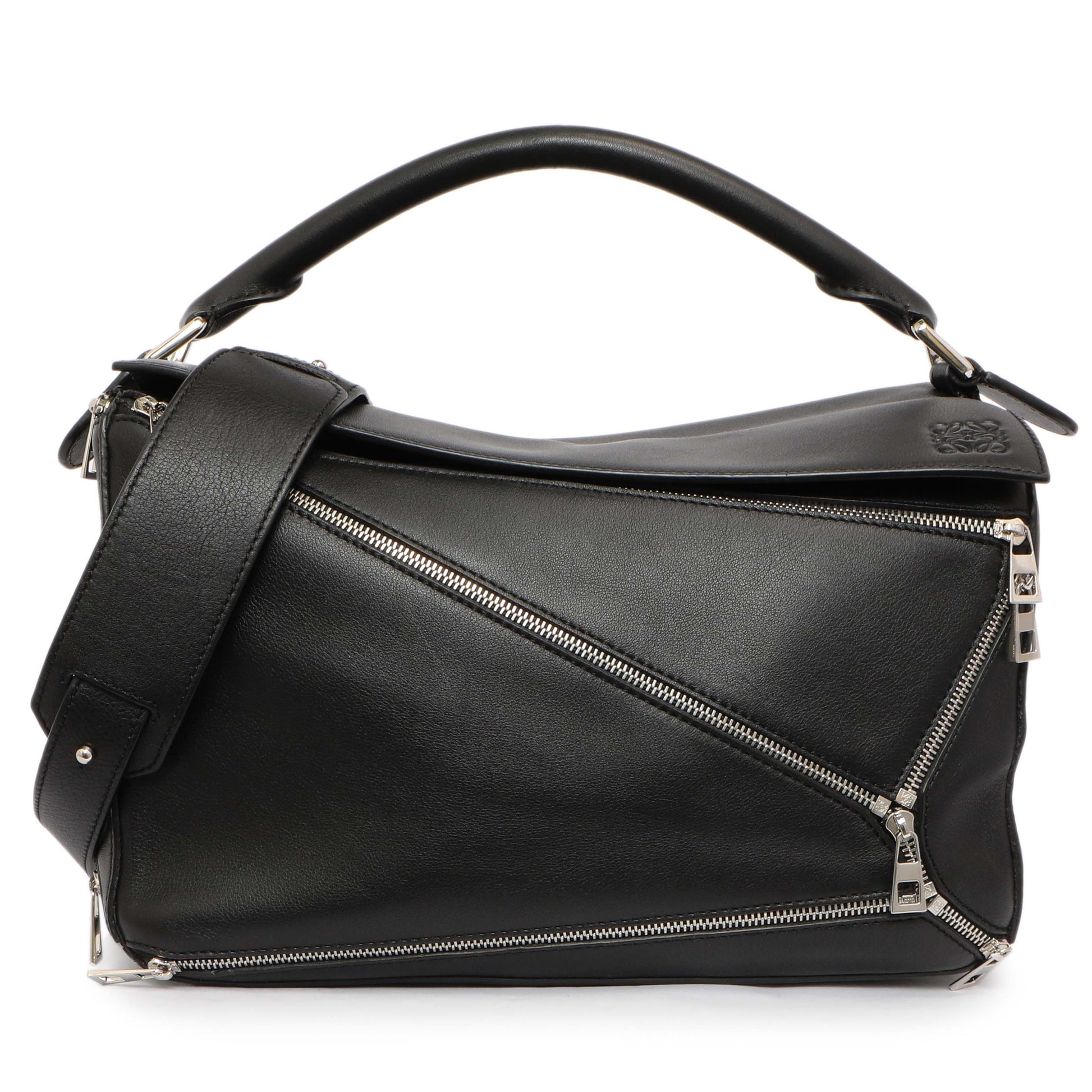 Exclusive Loewe Black Calfskin Medium Zipper Puzzle Bag — Front View