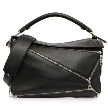 Exclusive Loewe Black Calfskin Medium Zipper Puzzle Bag — Front View
