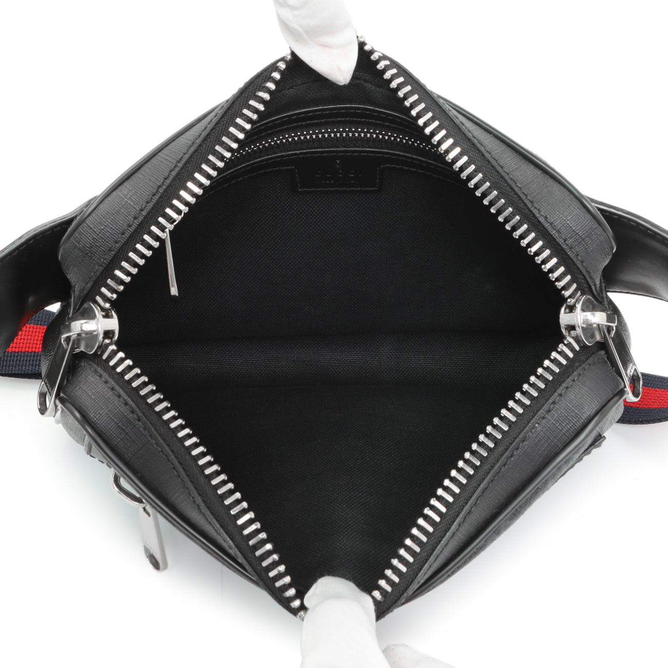 Exclusive Gucci Black Soft GG Supreme Monogram Web Belt Bag — Top View