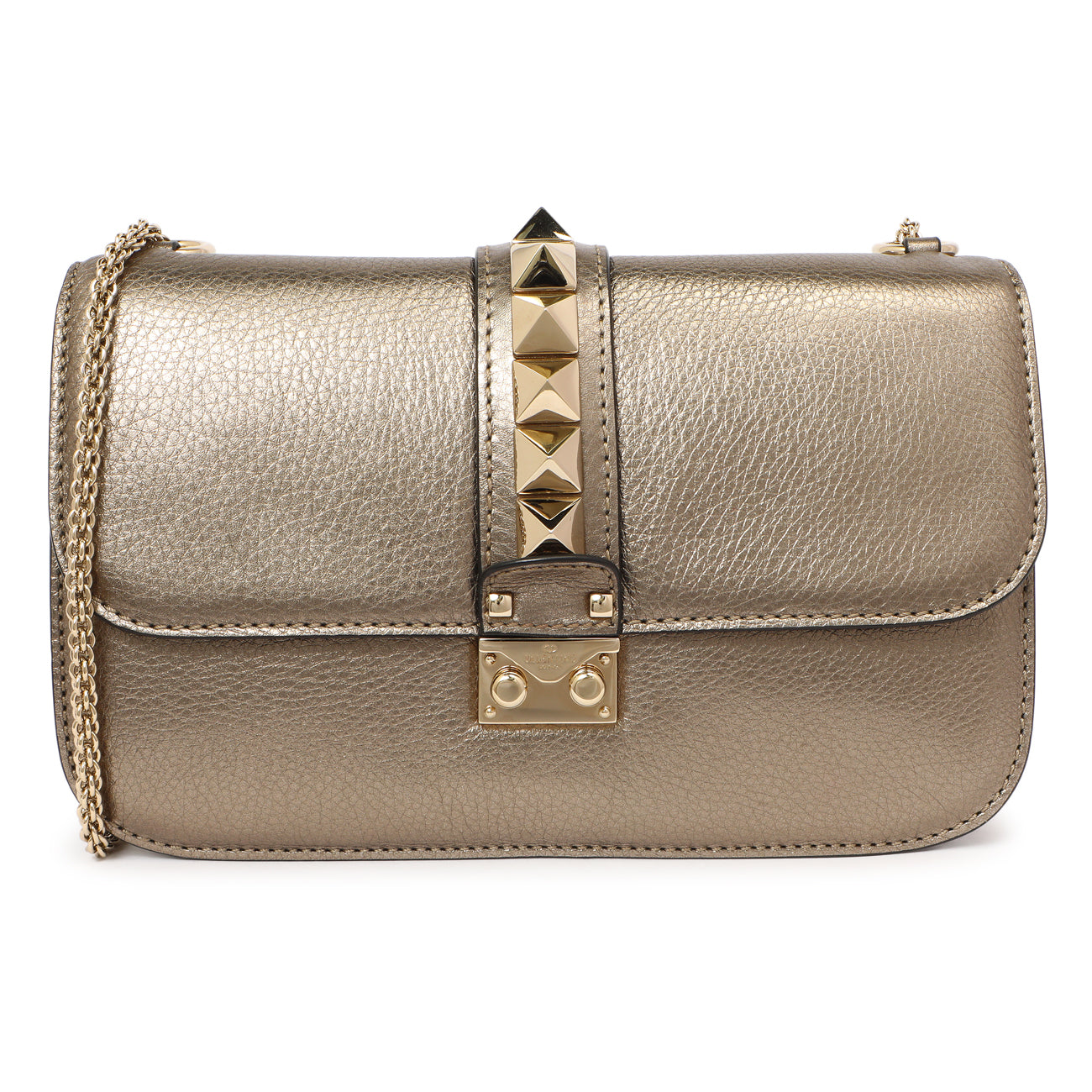 Exclusive Valentino Metallic Vitello Medium Glam Lock Rockstud Flap — Front View