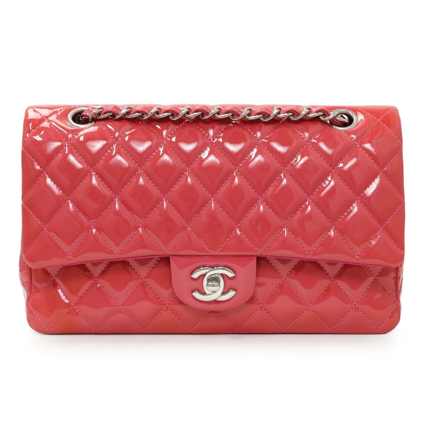 Exclusive Chanel Coral Pink Patent Medium Double Flap — Front View