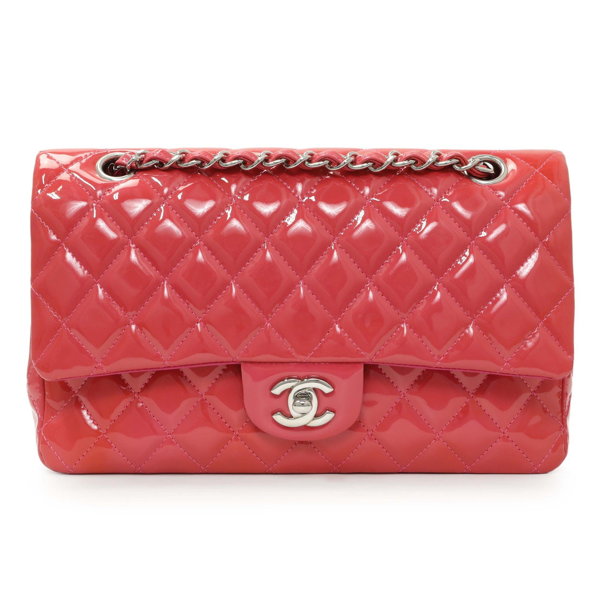 Exclusive Chanel Coral Pink Patent Medium Double Flap — Front View