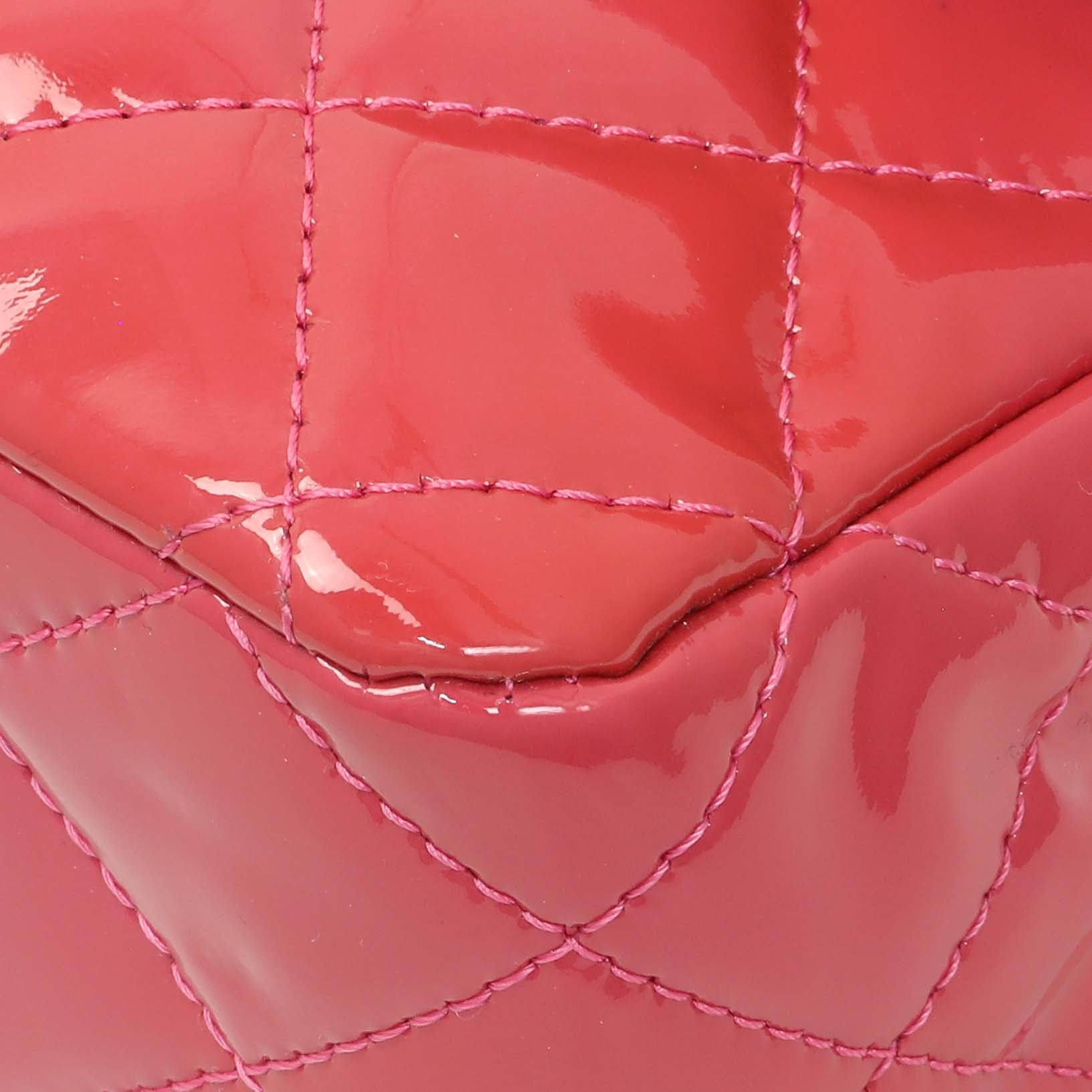 Exclusive Chanel Coral Pink Patent Medium Double Flap — Detail View