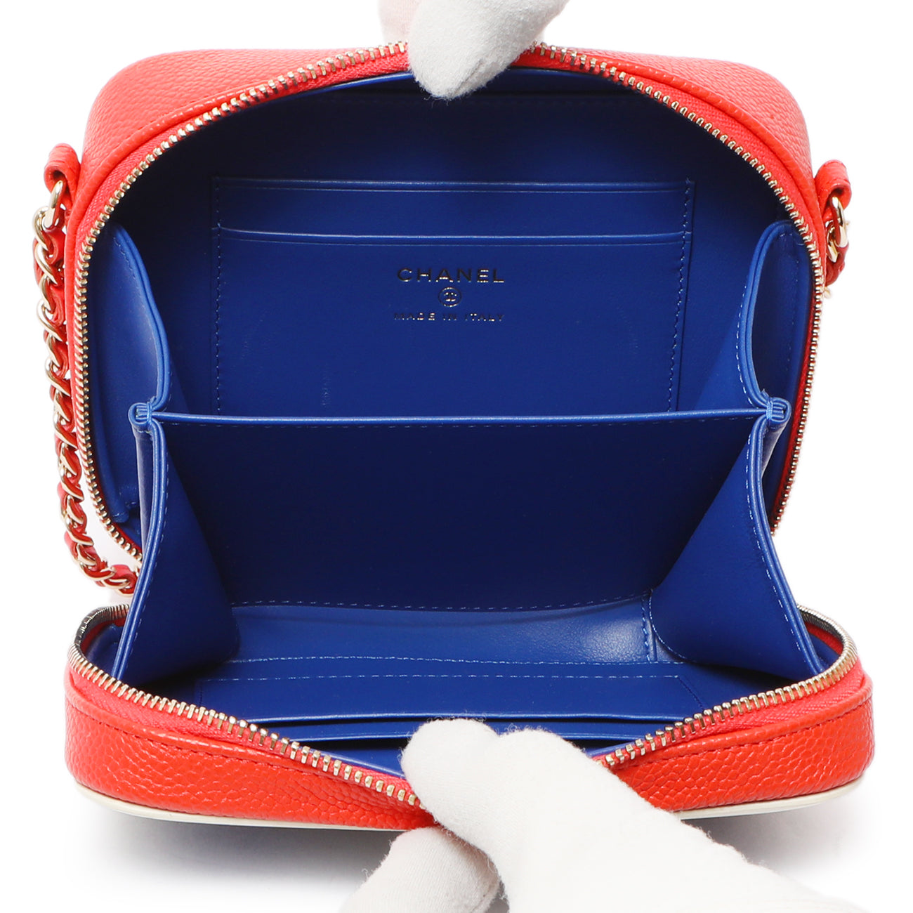 Exclusive Chanel Blue White Red Caviar Quilted Micro CC Filigree Vanity Case — Detail View