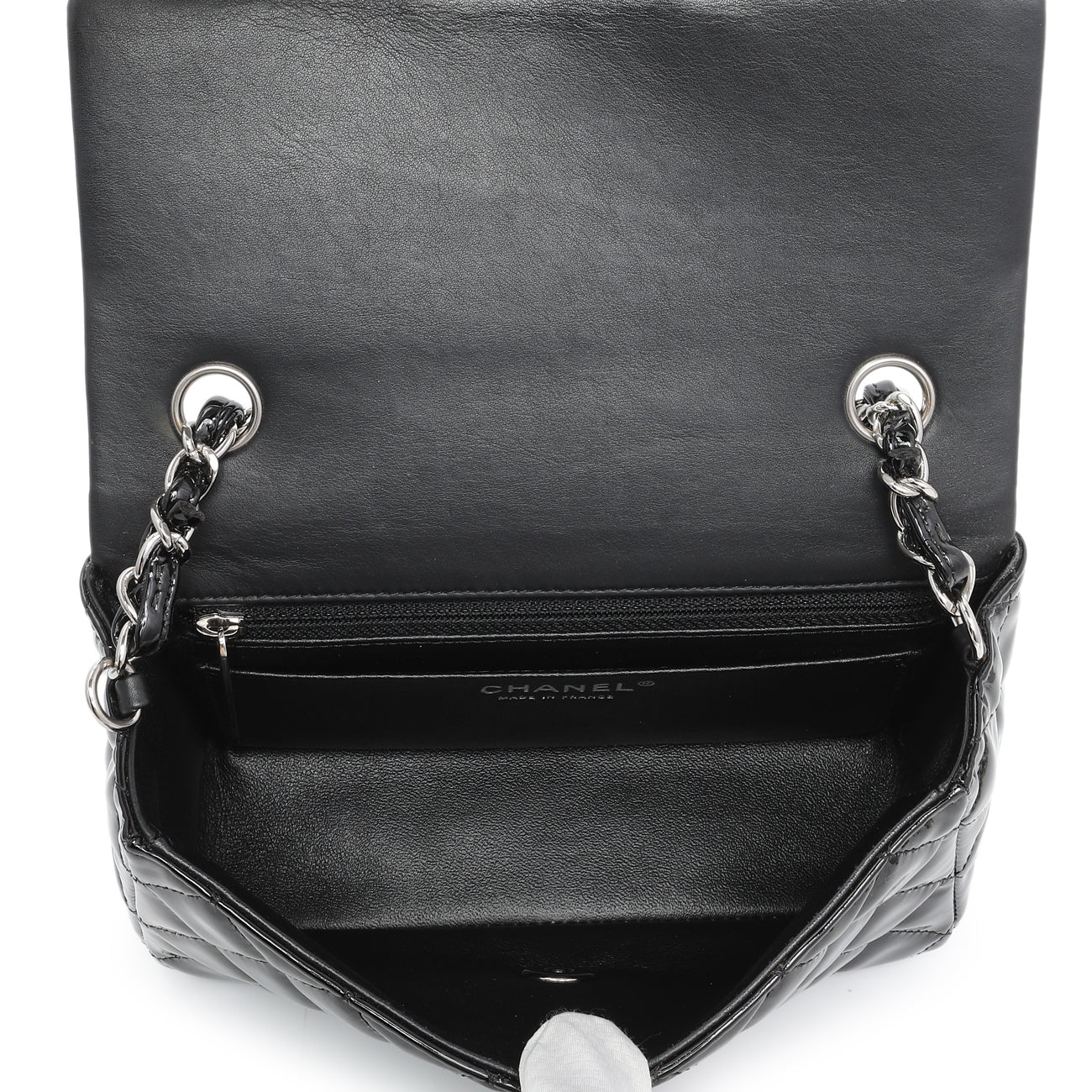 Exclusive Chanel Black Quilted Patent Mini Rectangular Flap — Top View