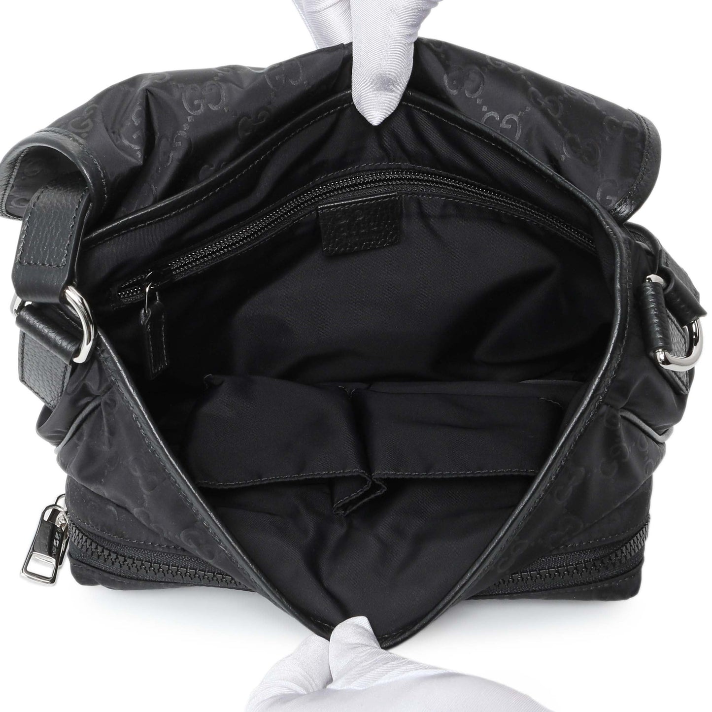 Exclusive Gucci Black Nylon Monogram Double Buckle Flap Messenger Bag — Top View