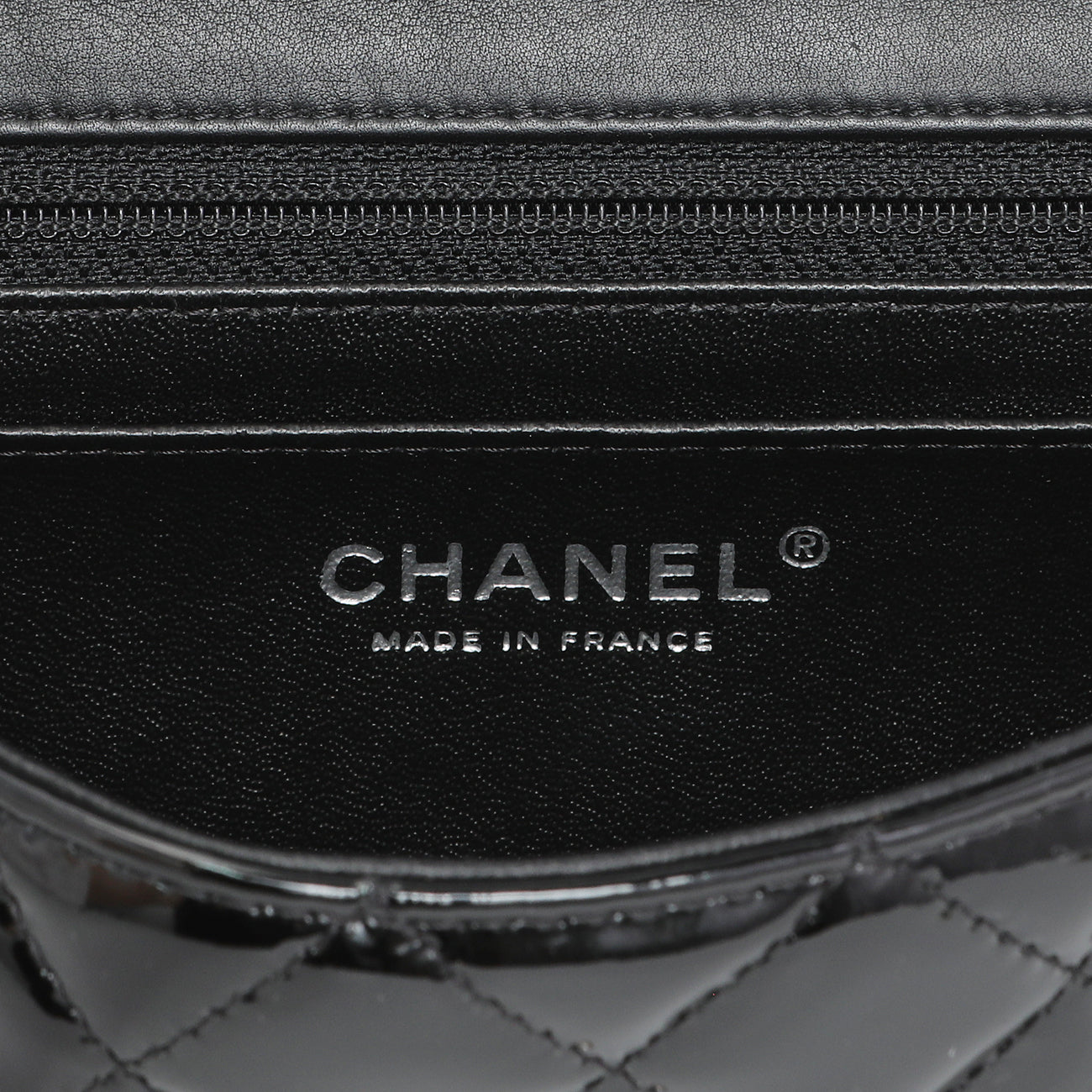 Exclusive Chanel Black Quilted Patent Mini Rectangular Flap — Detail View