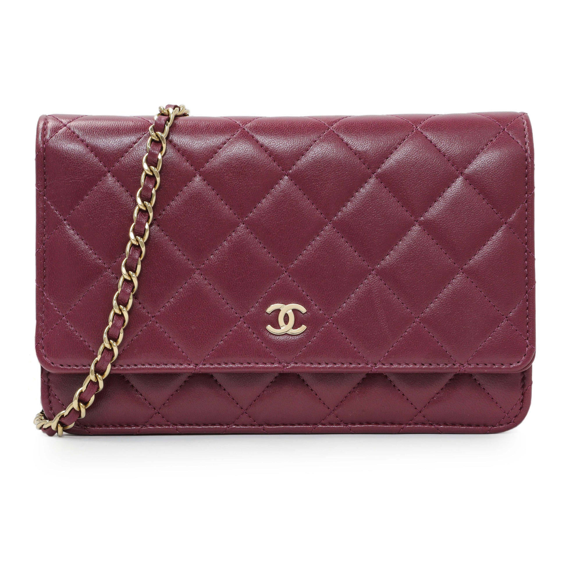 Exclusive Chanel Purple Lambskin Quilted Wallet On Chain — Front View