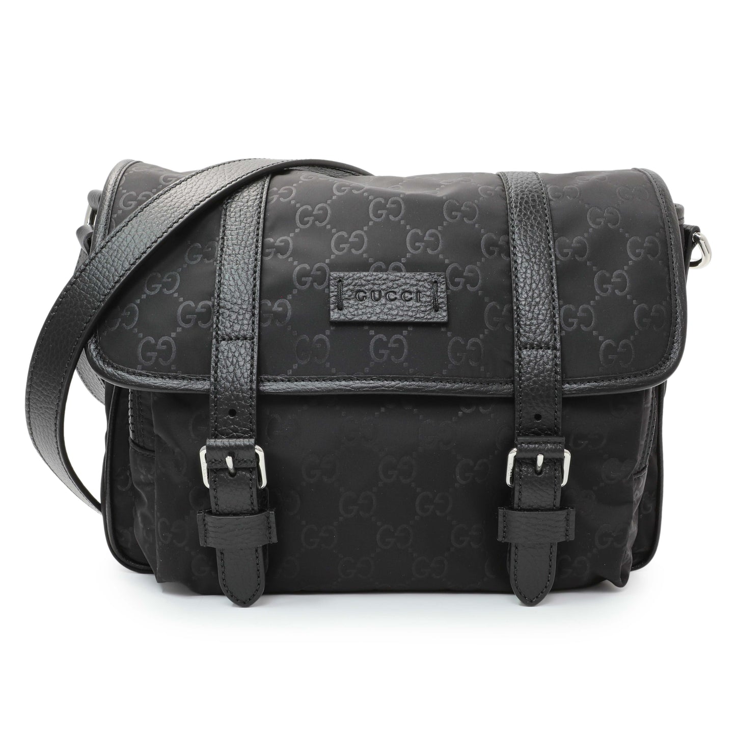 Exclusive Gucci Black Nylon Monogram Double Buckle Flap Messenger Bag — Front View