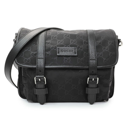 Exclusive Gucci Black Nylon Monogram Double Buckle Flap Messenger Bag — Front View