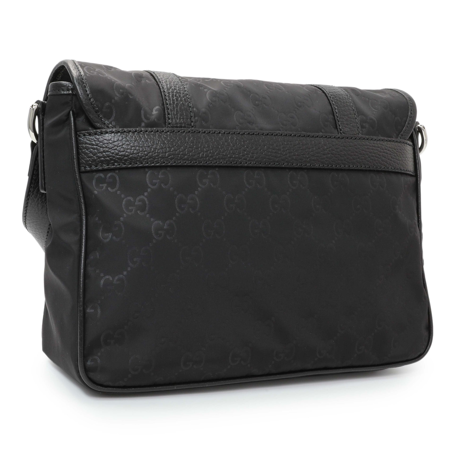 Exclusive Gucci Black Nylon Monogram Double Buckle Flap Messenger Bag — Side View