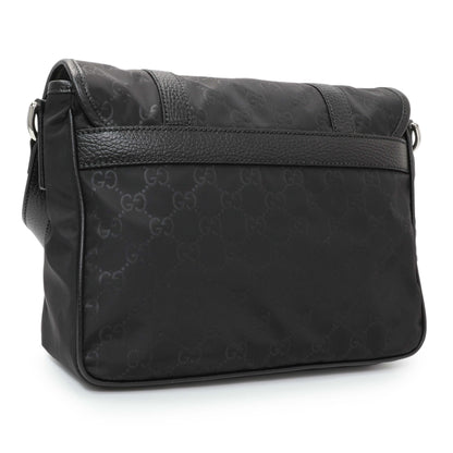 Exclusive Gucci Black Nylon Monogram Double Buckle Flap Messenger Bag — Side View
