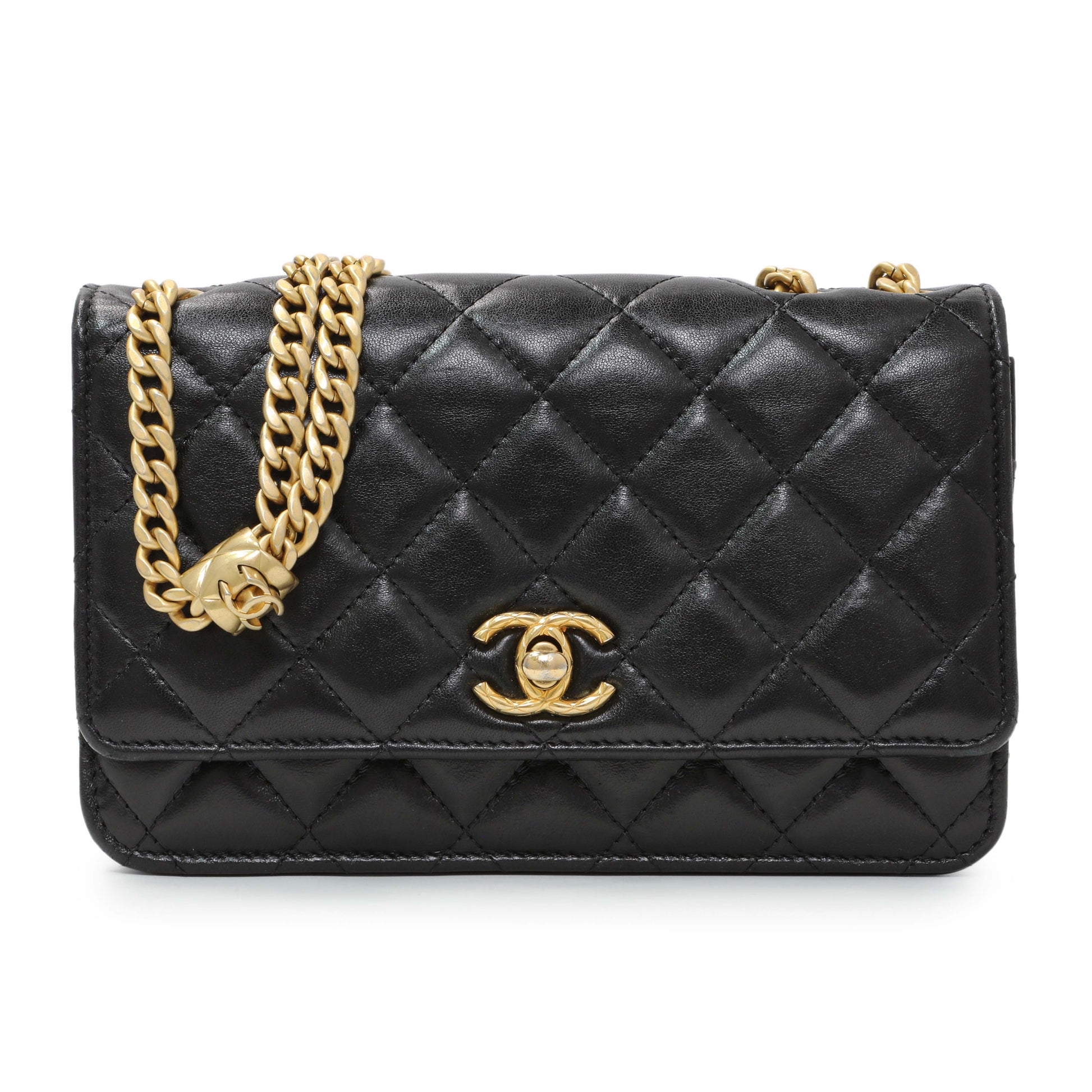 Exclusive Chanel Black Lambskin Quilted Pillow Crush Adjustable Chain Wallet On Chain — Front View