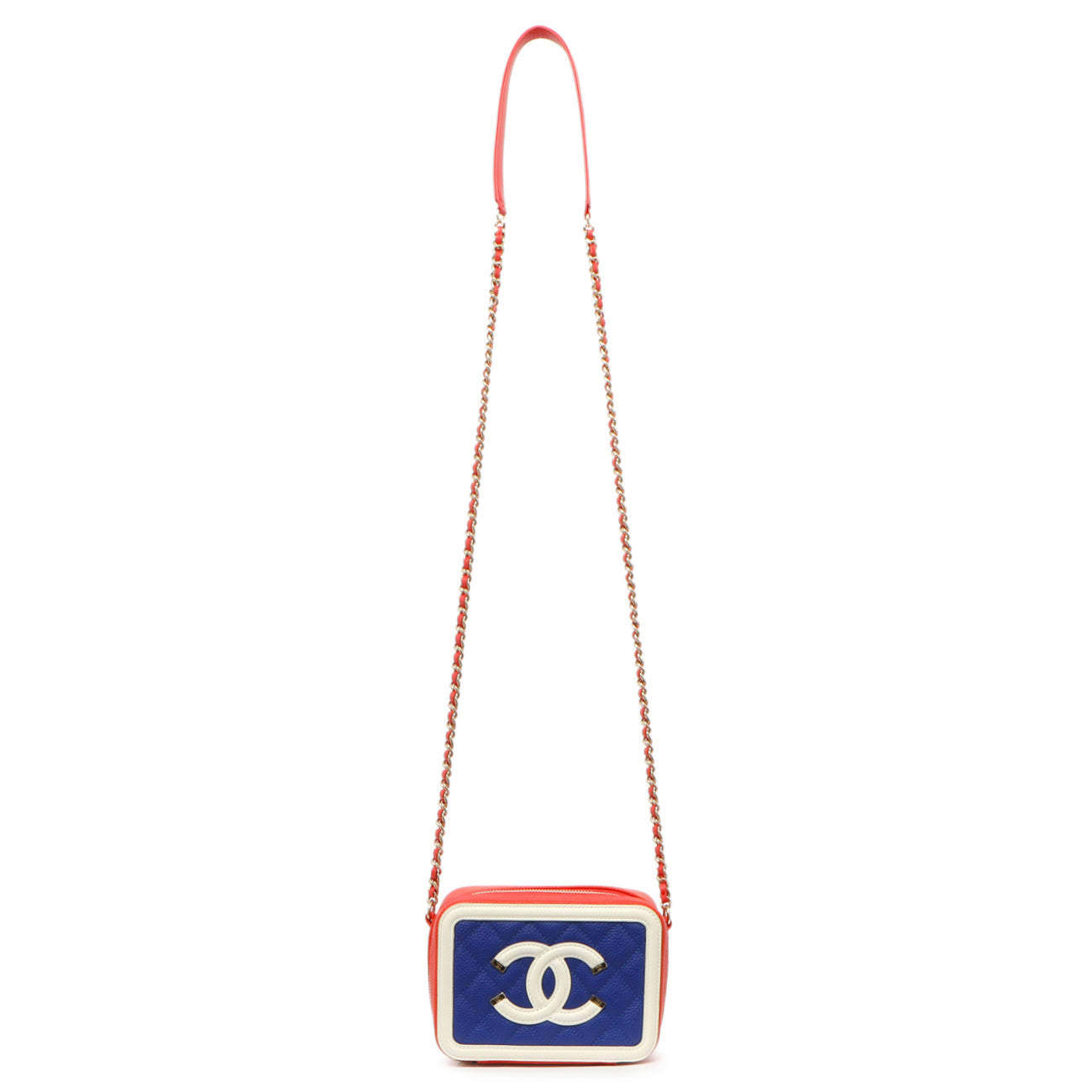 Exclusive Chanel Blue White Red Caviar Quilted Micro CC Filigree Vanity Case — Front View