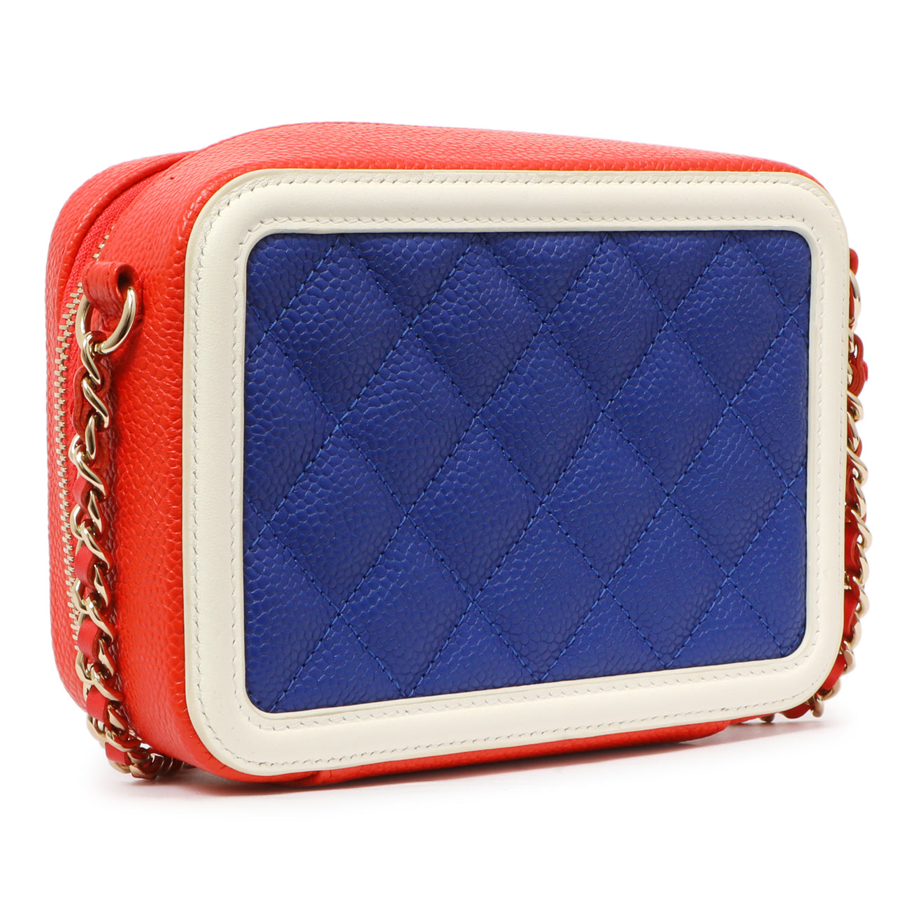 Exclusive Chanel Blue White Red Caviar Quilted Micro CC Filigree Vanity Case — Back View