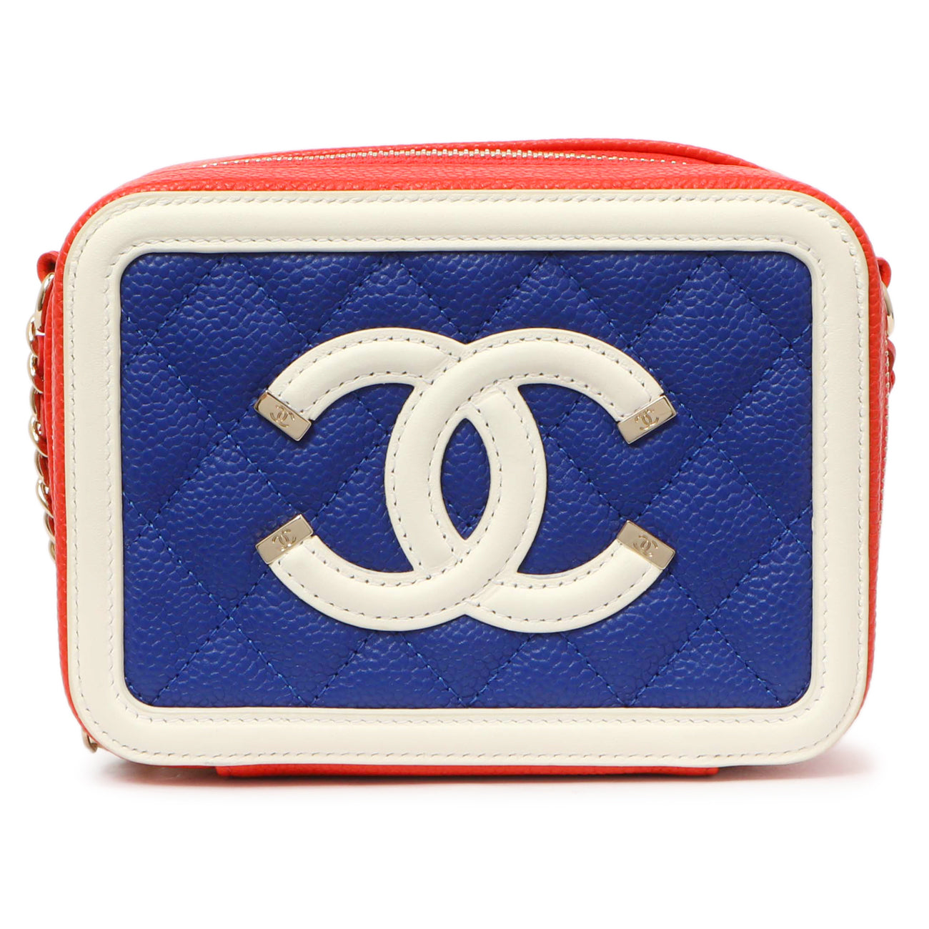 Exclusive Chanel Blue White Red Caviar Quilted Micro CC Filigree Vanity Case — Side View