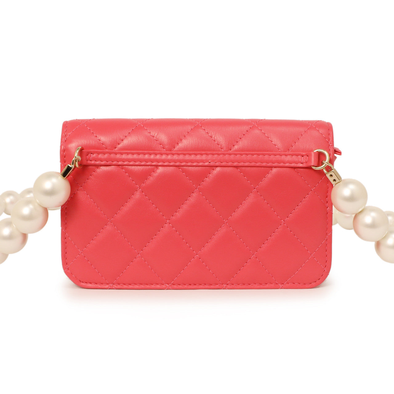 Exclusive Chanel Pink Quilted Calfskin Pearl Clutch With Chain — Back View