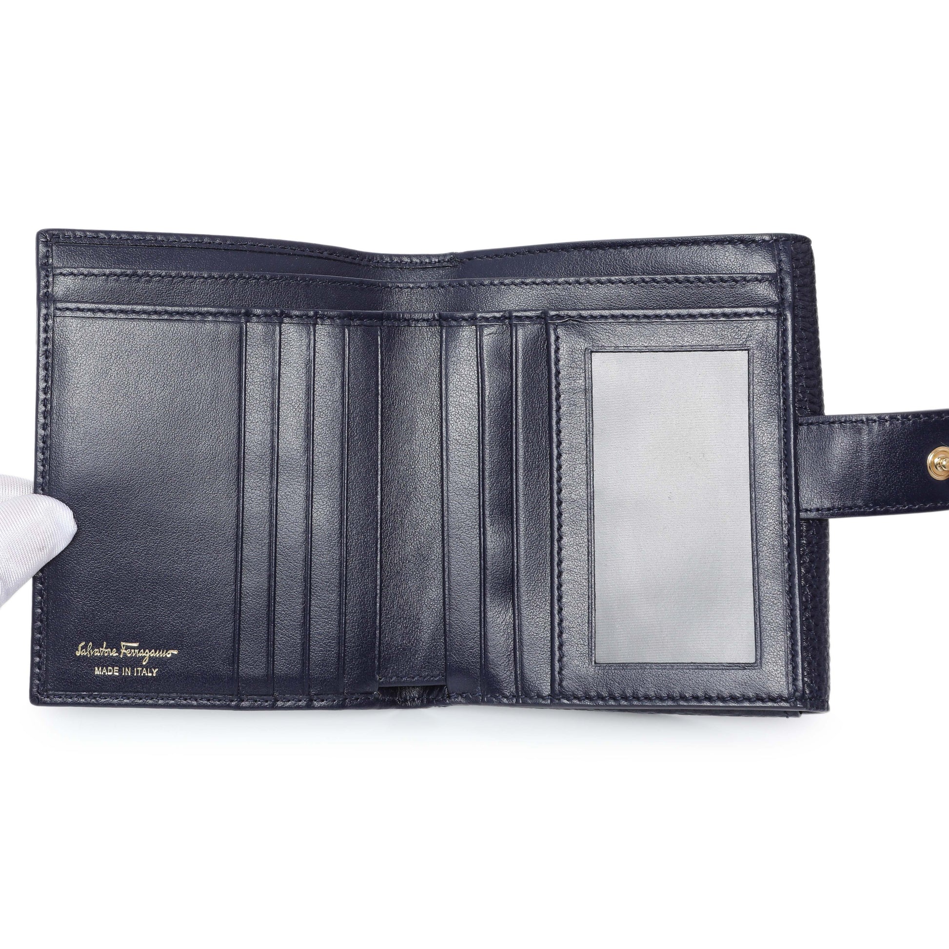 Exclusive Salvatore Ferragamo Blue Calfskin Compact Wallet — Top View