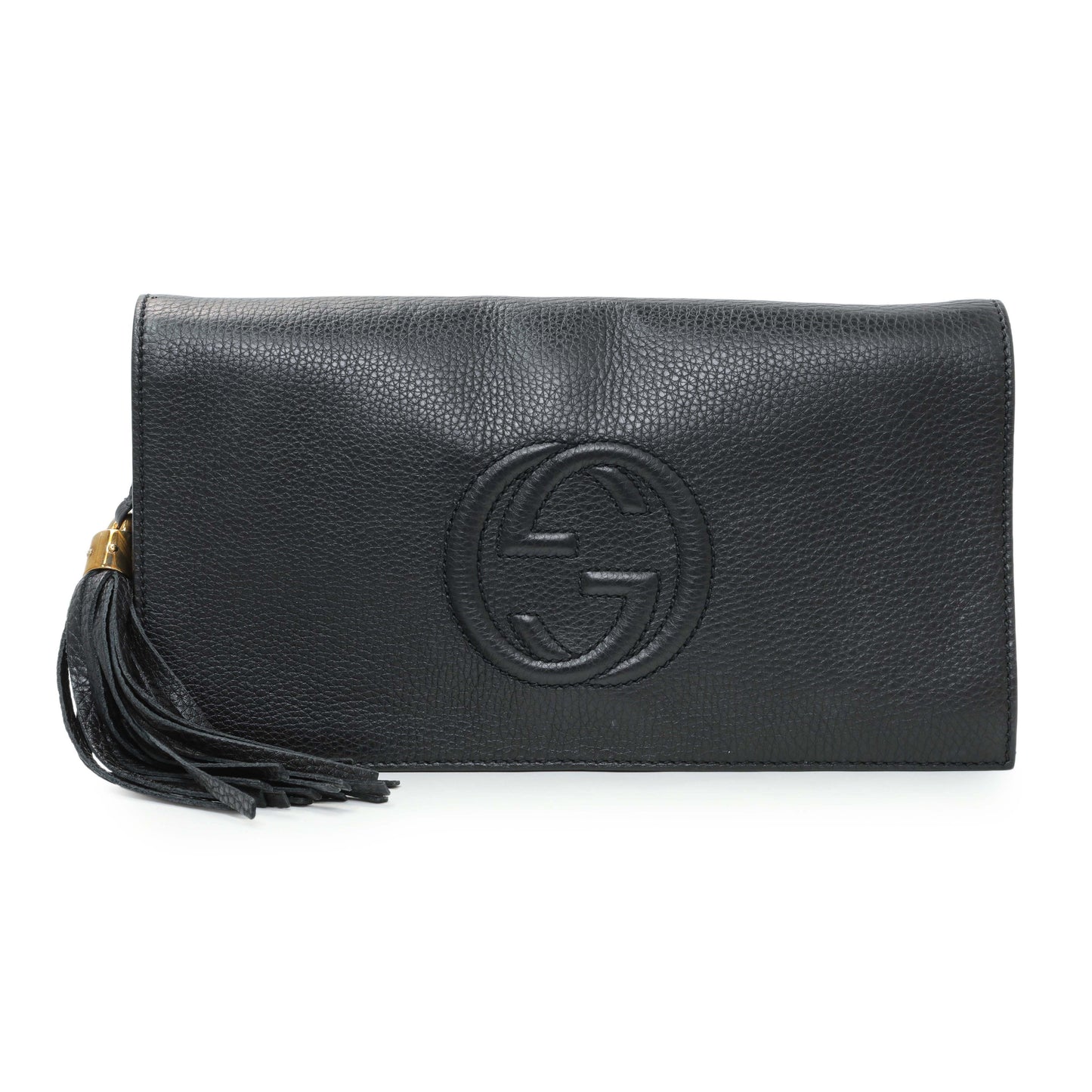 Exclusive Gucci Black Leather Medium GG Soho Tassel Clutch — Front View