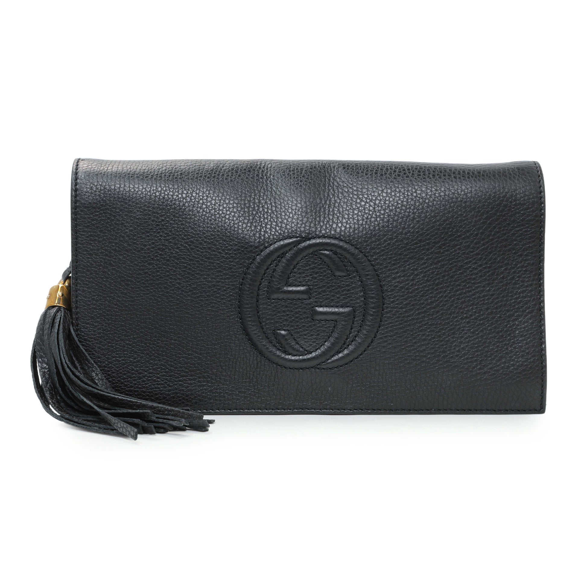 Exclusive Gucci Black Leather Medium GG Soho Tassel Clutch — Front View