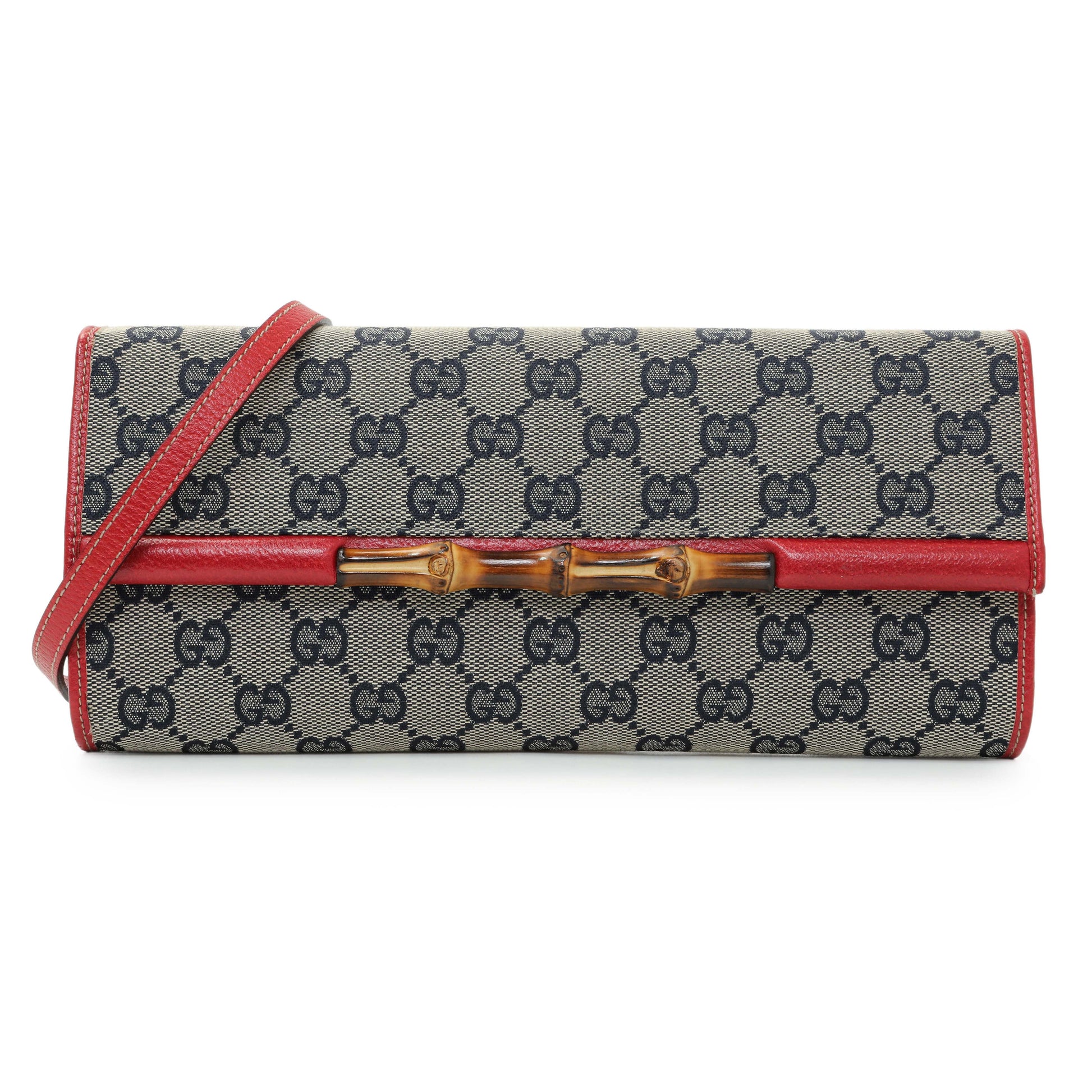 Exclusive Gucci Navy GG Canvas Bamboo Bar Clutch — Front View