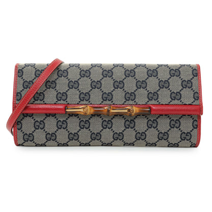 Exclusive Gucci Navy GG Canvas Bamboo Bar Clutch — Front View