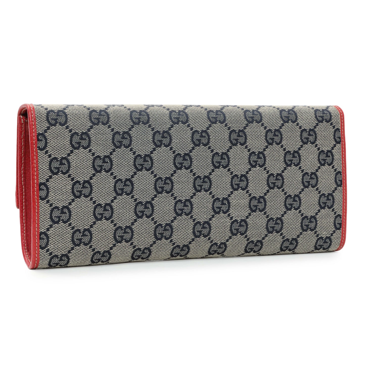 Exclusive Gucci Navy GG Canvas Bamboo Bar Clutch — Side View