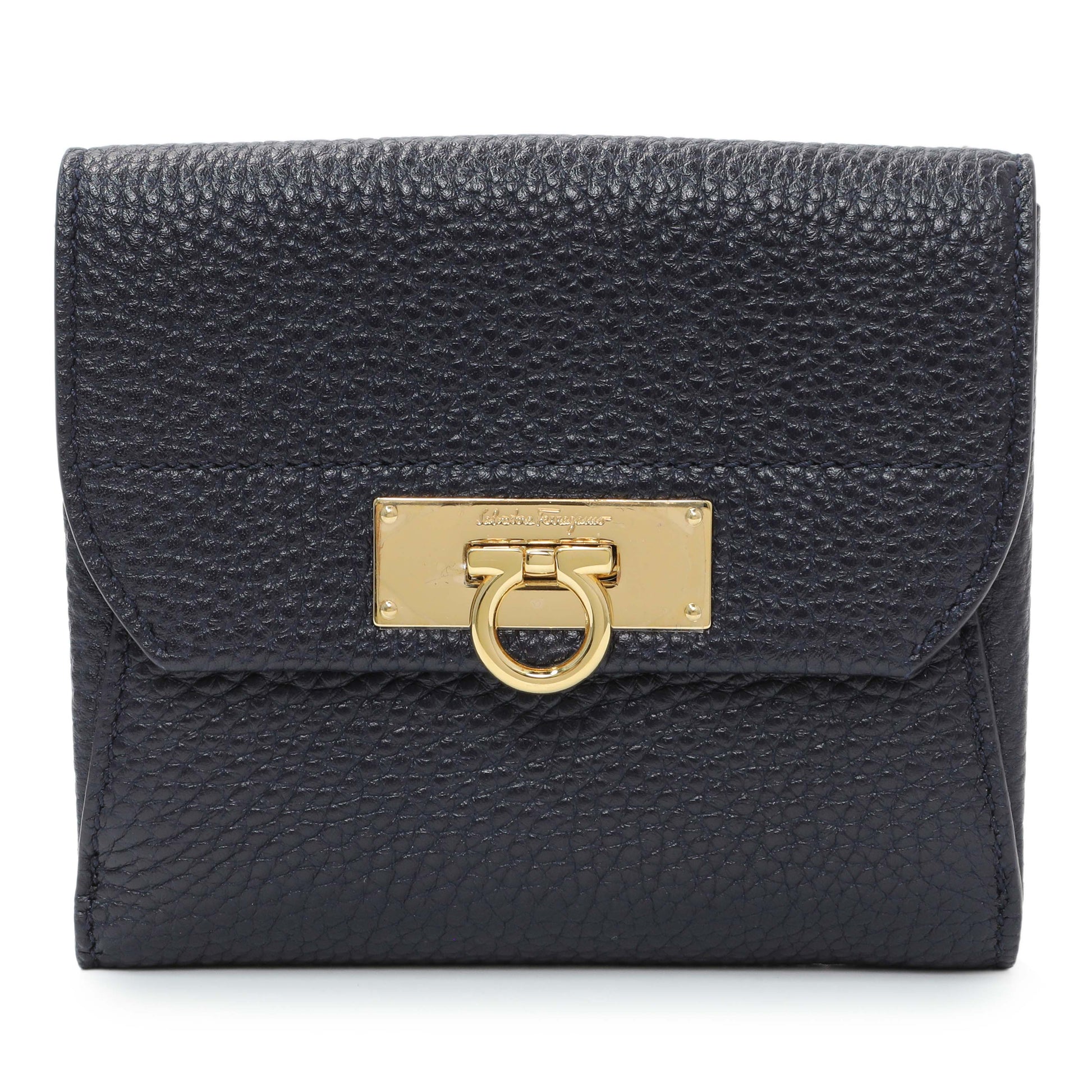 Exclusive Salvatore Ferragamo Blue Calfskin Compact Wallet — Front View