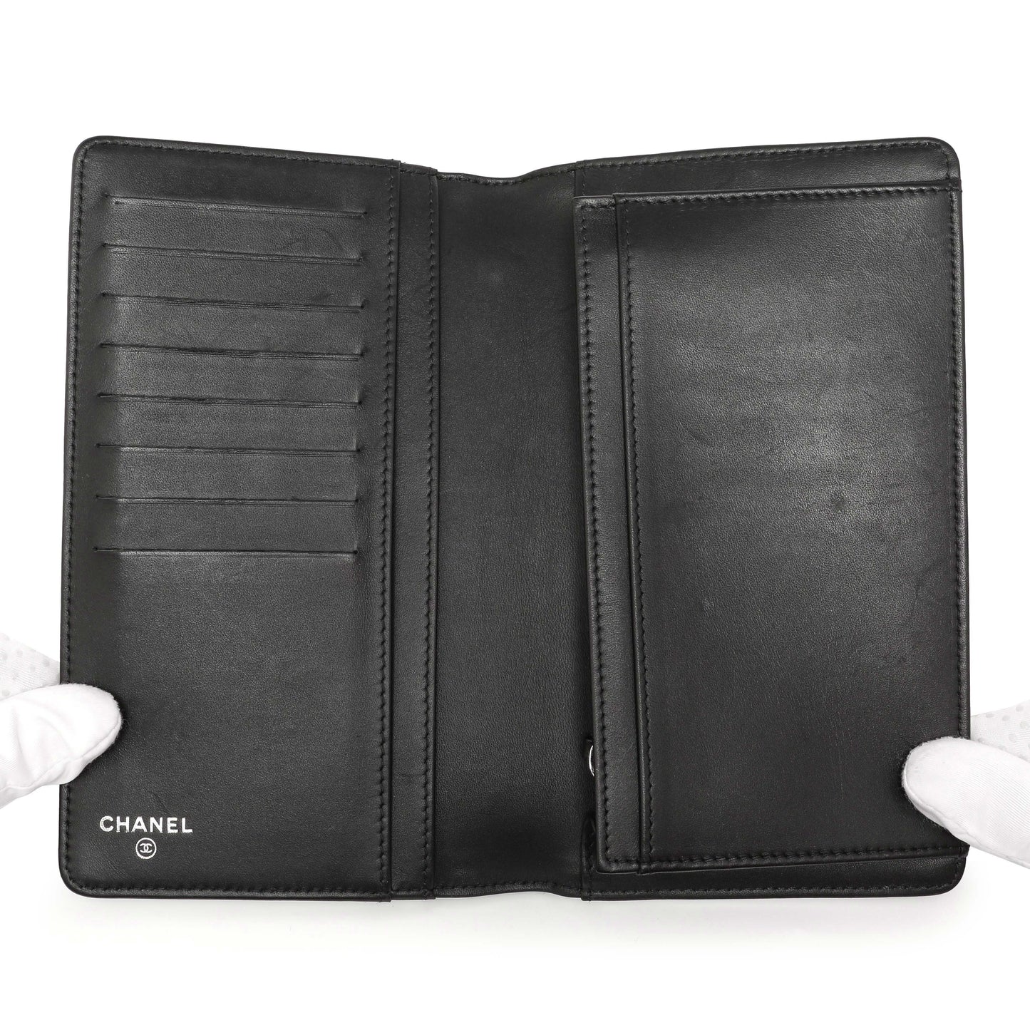 Exclusive Chanel Black Quilted Patent Yen Wallet — Detail View