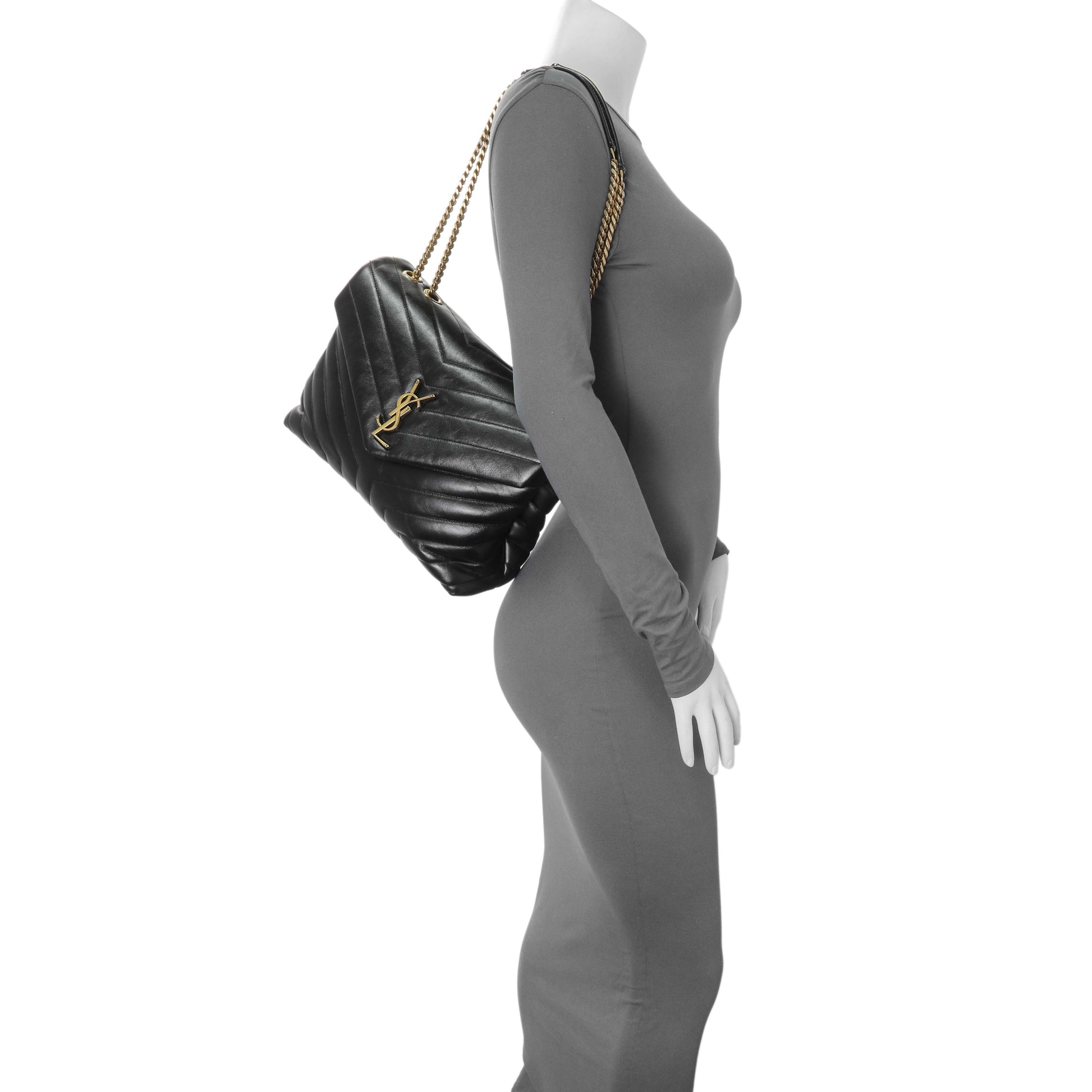Exclusive Saint Laurent Black Calfskin Y Quilted Monogram Medium Loulou Chain Satchel — Alternate View 11