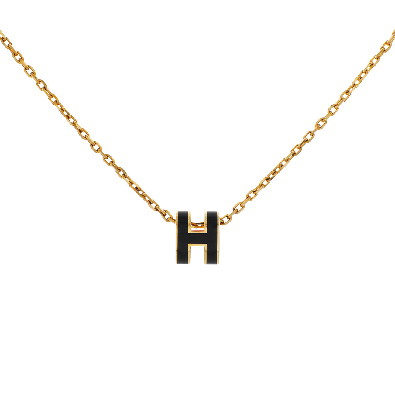 Exclusive Hermes Yellow Gold Black Lacquer Mini Pop H Pendant Necklace — Front View