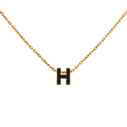 Exclusive Hermes Yellow Gold Black Lacquer Mini Pop H Pendant Necklace — Front View