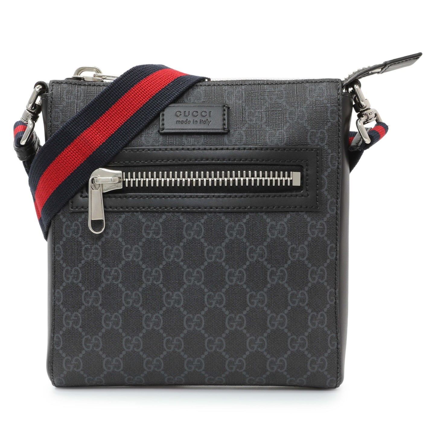 Exclusive Gucci Black GG Supreme Monogram Web Small Flat Messenger Bag — Front View