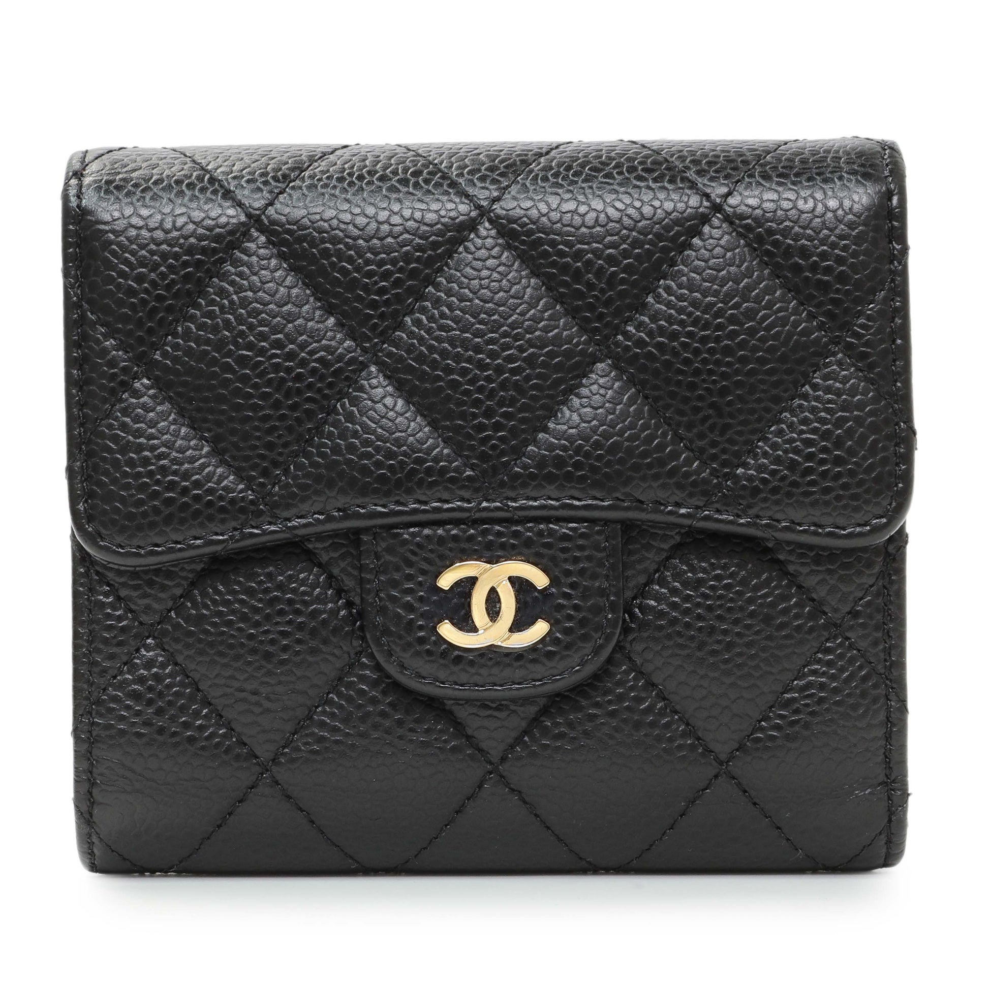 Exclusive Chanel Black Quilted Caviar Compact Flap Wallet — Front View