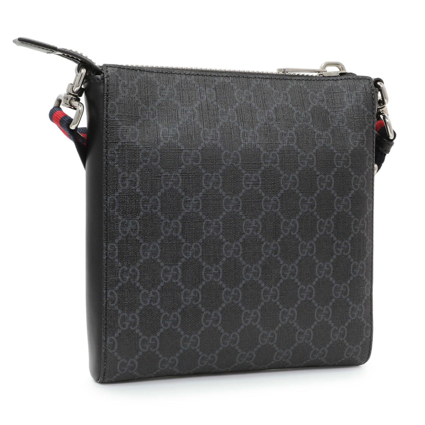 Exclusive Gucci Black GG Supreme Monogram Web Small Flat Messenger Bag — Side View