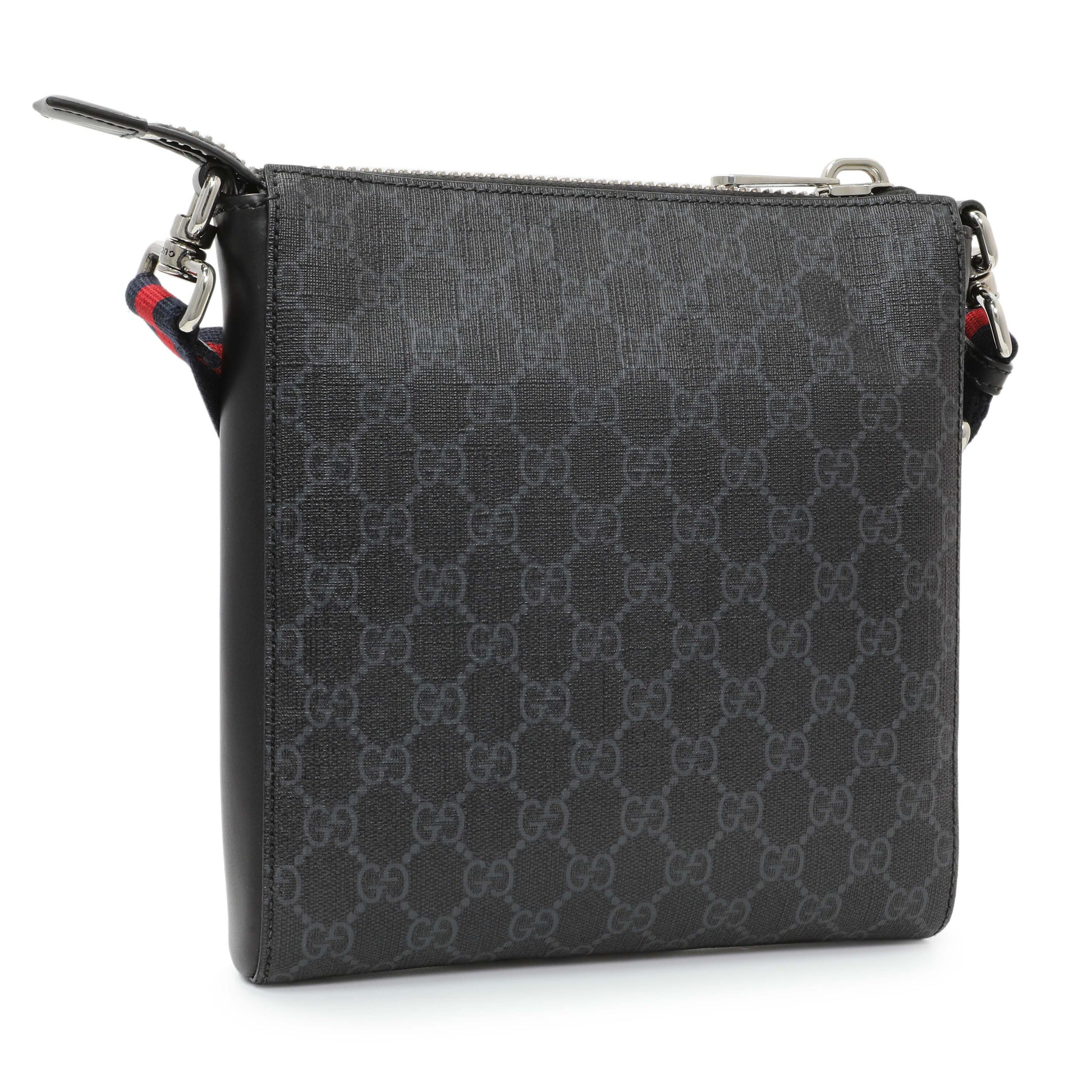 Exclusive Gucci Black GG Supreme Monogram Web Small Flat Messenger Bag — Side View