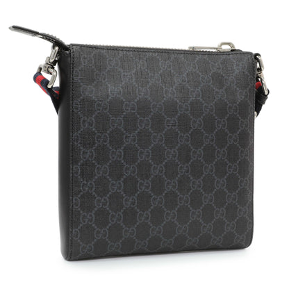 Exclusive Gucci Black GG Supreme Monogram Web Small Flat Messenger Bag — Side View