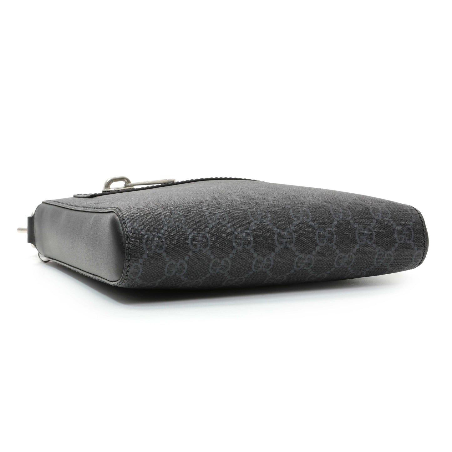 Exclusive Gucci Black GG Supreme Monogram Web Small Flat Messenger Bag — Back View