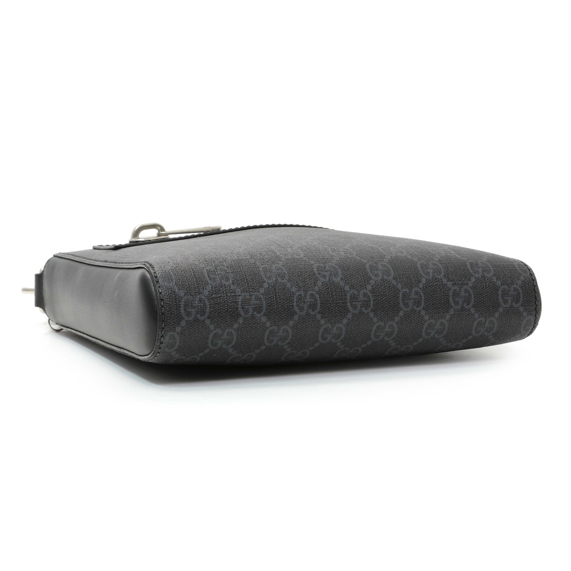 Exclusive Gucci Black GG Supreme Monogram Web Small Flat Messenger Bag — Back View