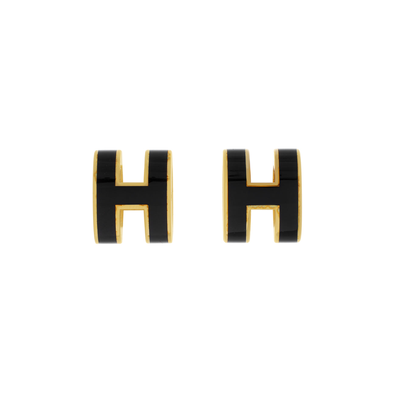 Exclusive Hermes Yellow Gold Black Lacquer Mini Pop H Earrings — Front View