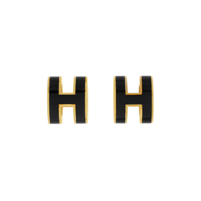 Exclusive Hermes Yellow Gold Black Lacquer Mini Pop H Earrings — Front View