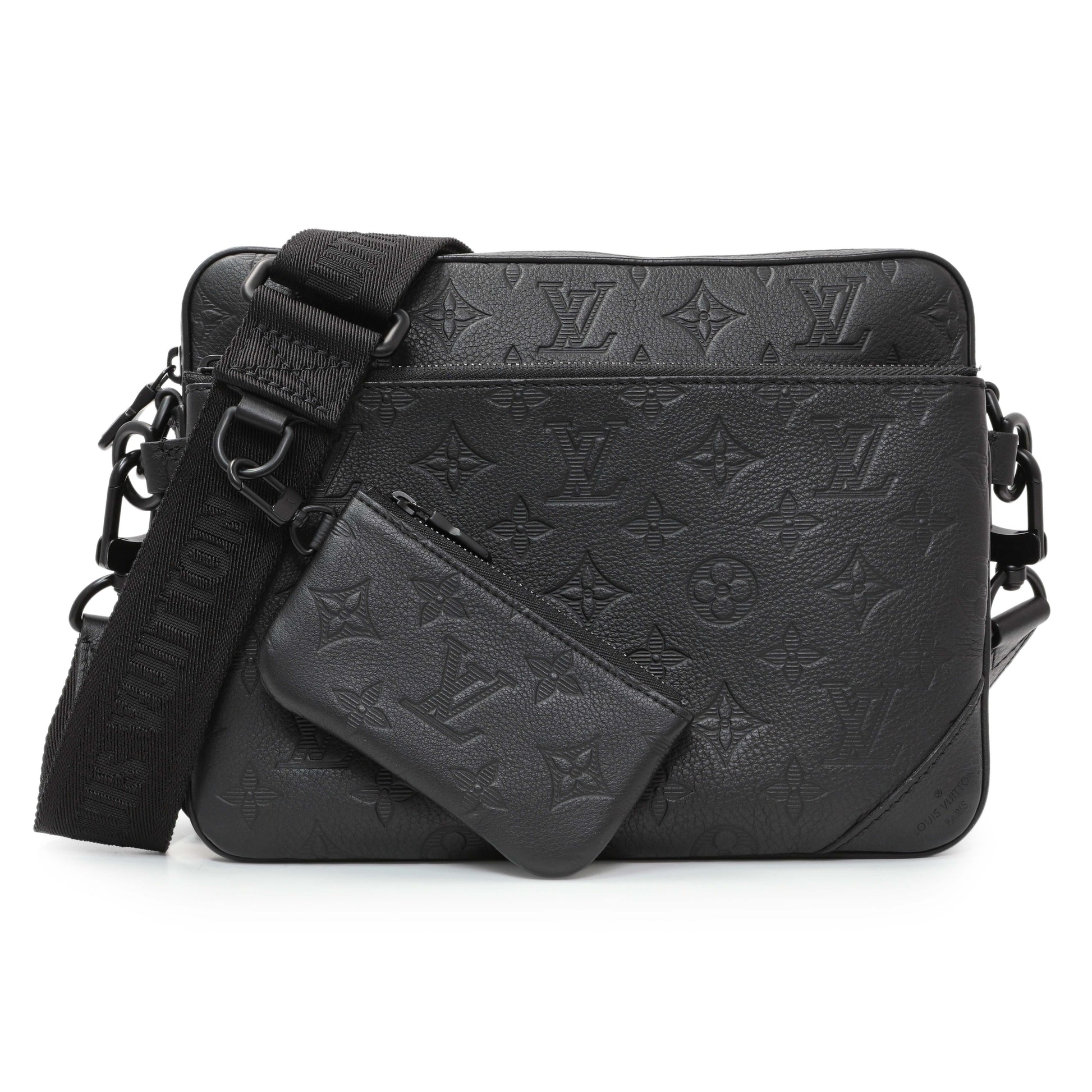 Exclusive Louis Vuitton Black Calfskin Shadow Monogram Trio Messenger — Front View